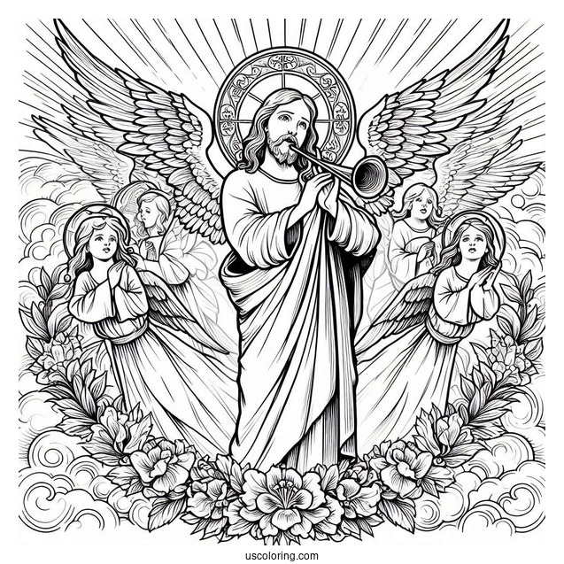 Holy Jesus With Angels Blowing Trumpets On Easter Coloring Page