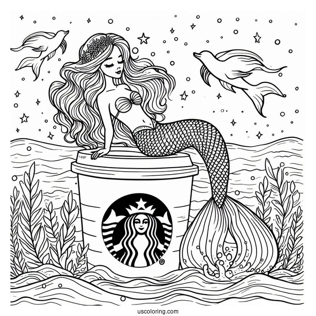 Beautiful Mermaid Resting On Top Of A Starbucks Coloring Page Cup Under The Sea