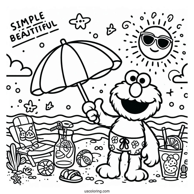 Summer Themed Elmo At The Beach To Color