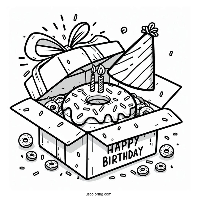 Birthday Donut Coloring Page Popping Out Of A Box