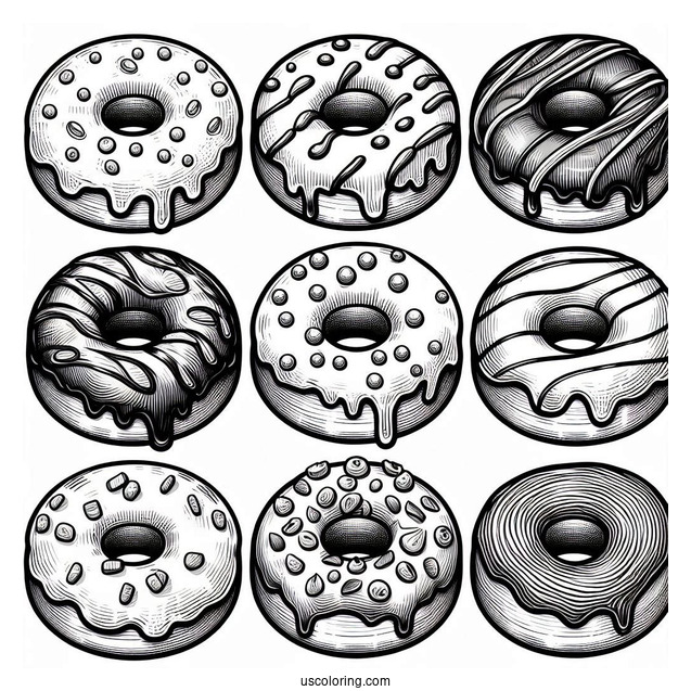 Assorted Glazed Donuts Coloring Page