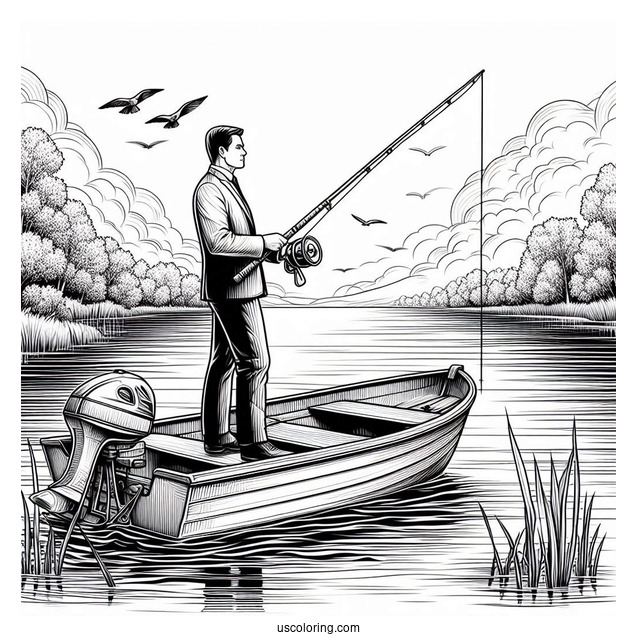 Realistic Man Standing In A Boat With Fishing Coloring Page Rod