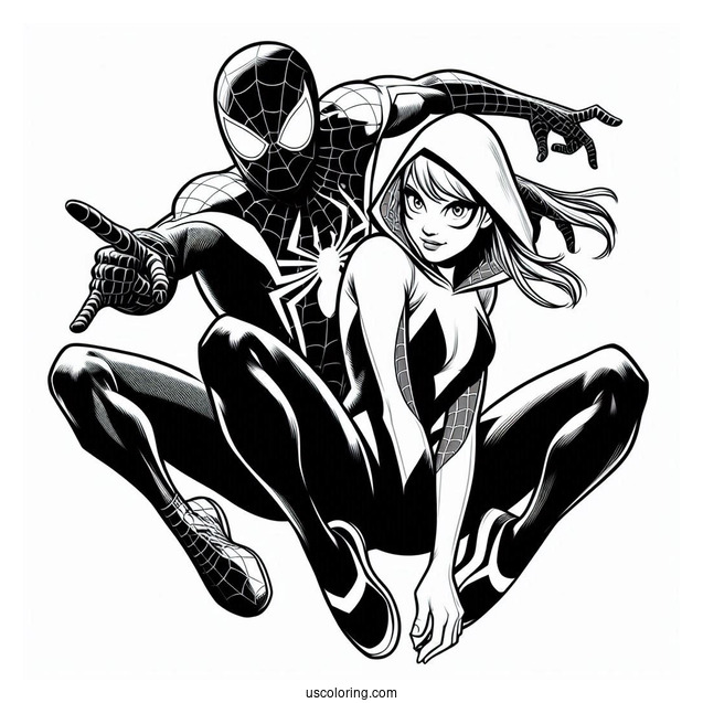 Spider Man And Spider-Gwen Coloring Page In Action