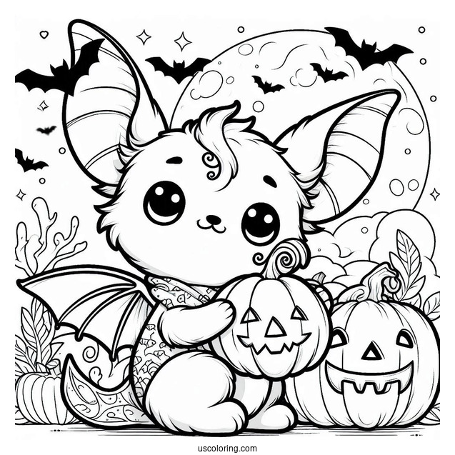 Cartoon Bat Coloring Page Holding Jack O Lantern