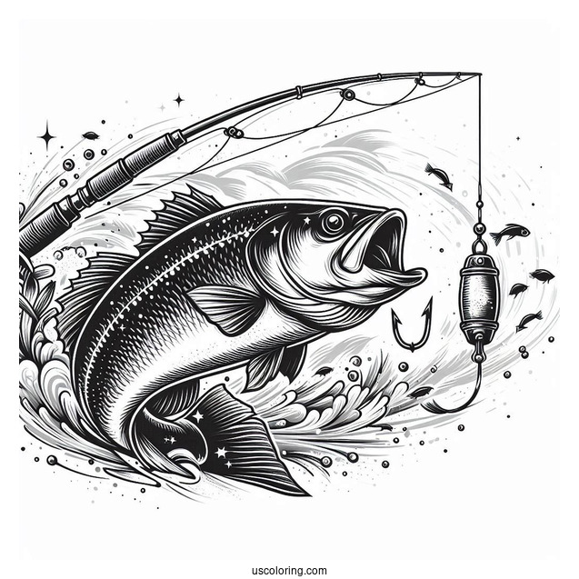 Realistic Fish Chasing The Bait On Fishing Coloring Page Rod