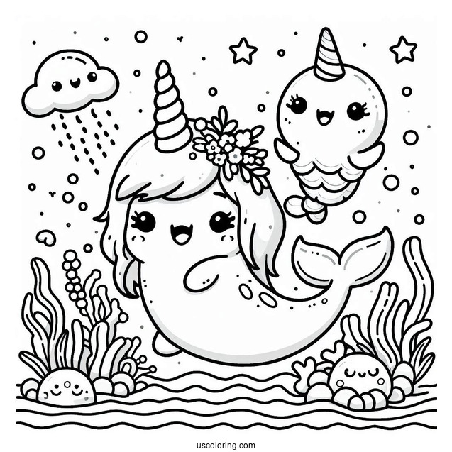 Kawaii Mermaid And Narwhal Coloring Page Under The Sea