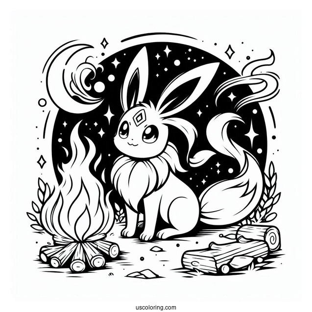 Sylveon Coloring Page With Other Eevee Evolutions Around Bonfire