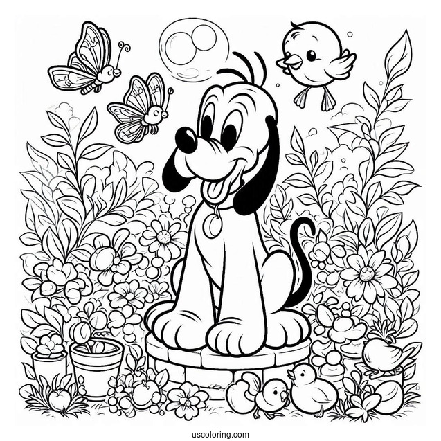 Pluto Coloring Page Sitting In Garden With Butterflies And Birds