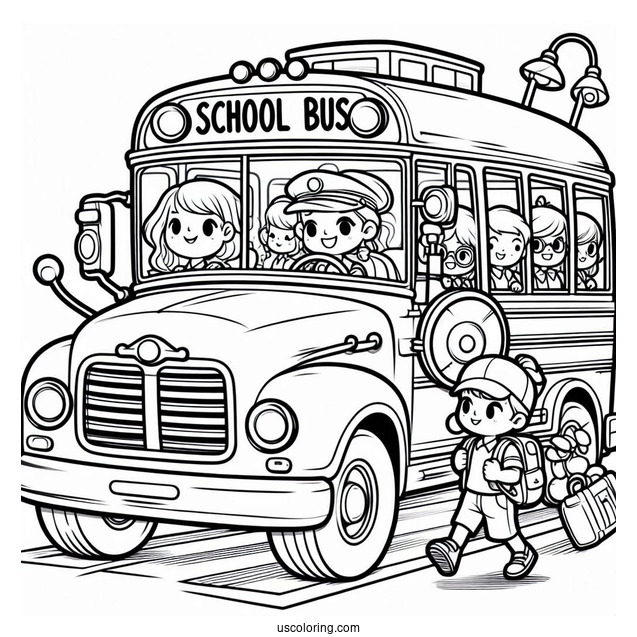 Cartoon School Bus With Students And Driver