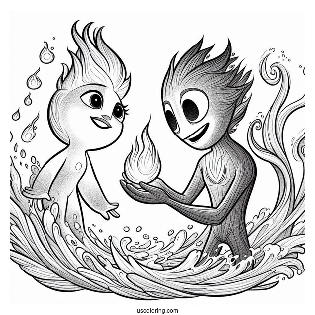 Pixar Coloring Page of Ember Lumen And Wade Ripple From Elemental