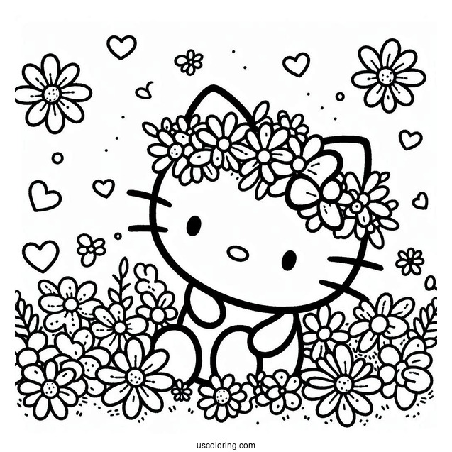Simple Hello Kitty Surrounded By Daisies Coloring Page For Kids