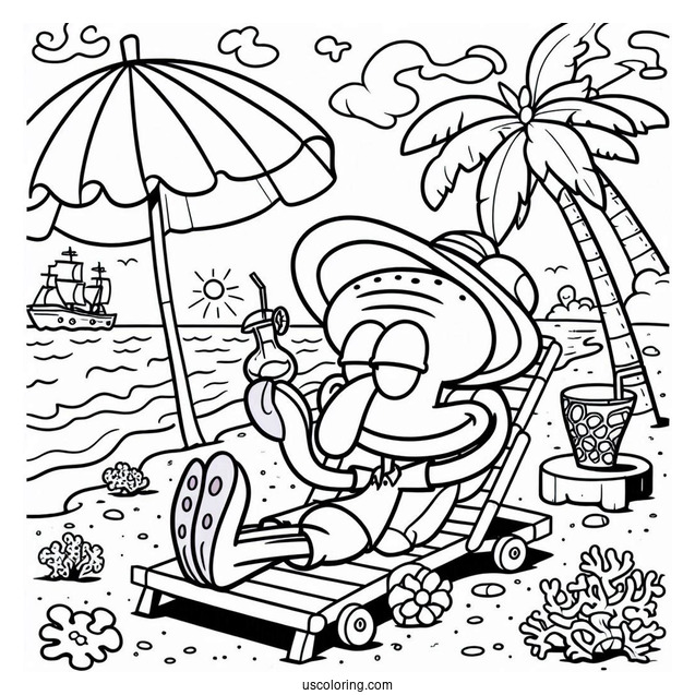 Simple Squidward Coloring Page Going On Vacation
