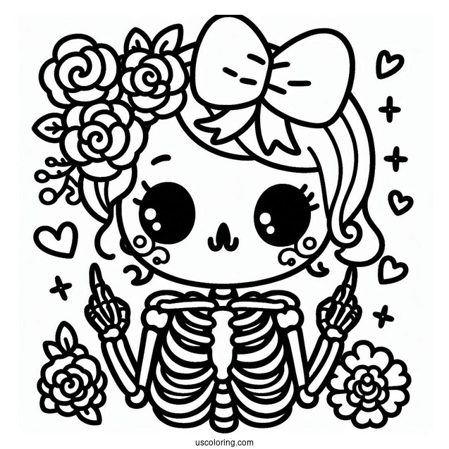 Kawaii Skeleton Coloring Page With Bow