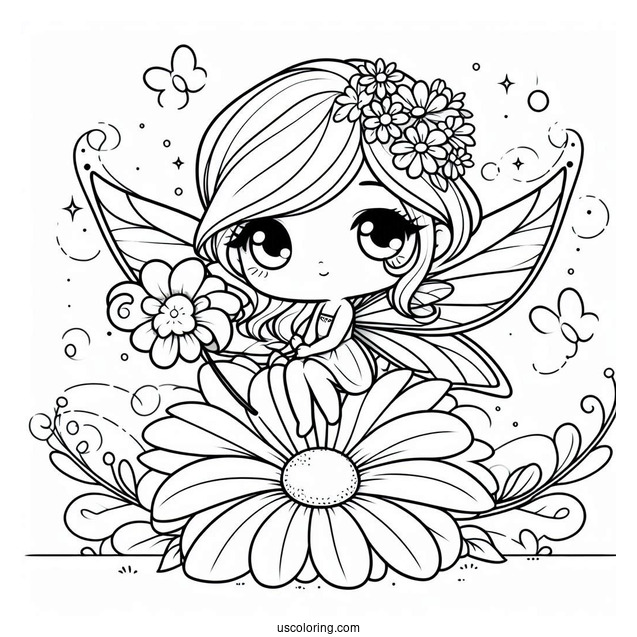 Chibi Coloring Page Fairy Sitting on a Flower For Kids