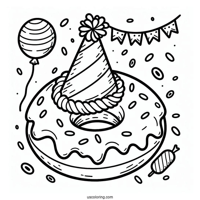 Donut Coloring Page Wearing A Birthday Hat In A Party