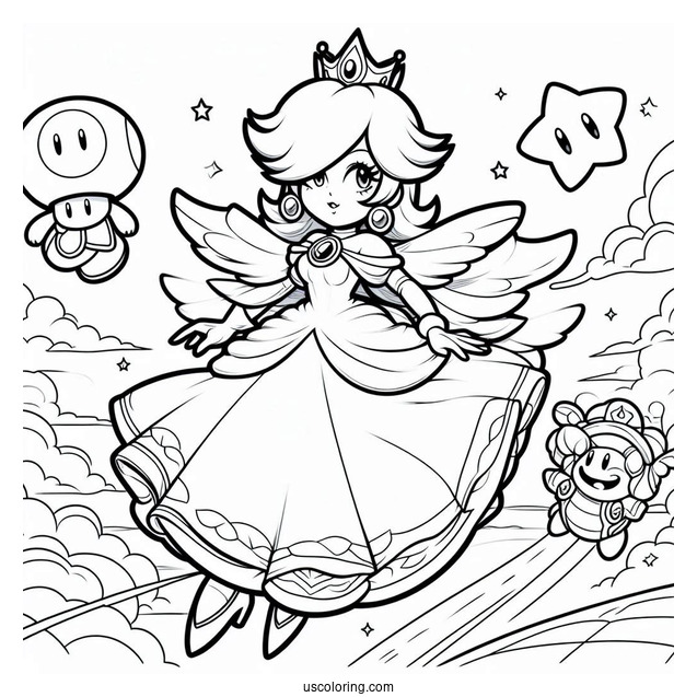 Rosalina Flying In The Sky With Luma, Mario, And Star Fox Coloring Sheet