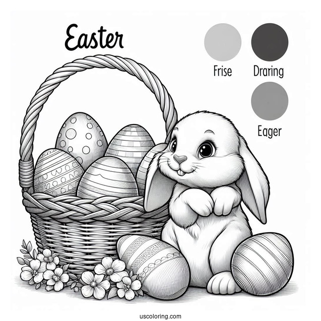 Easter Coloring Page Of Realistic Bunny Next To Basket Of Easter Eggs
