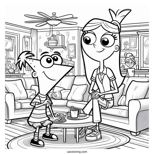 Phineas And Ferb Coloring Page And Candace Sitting In The Living Room