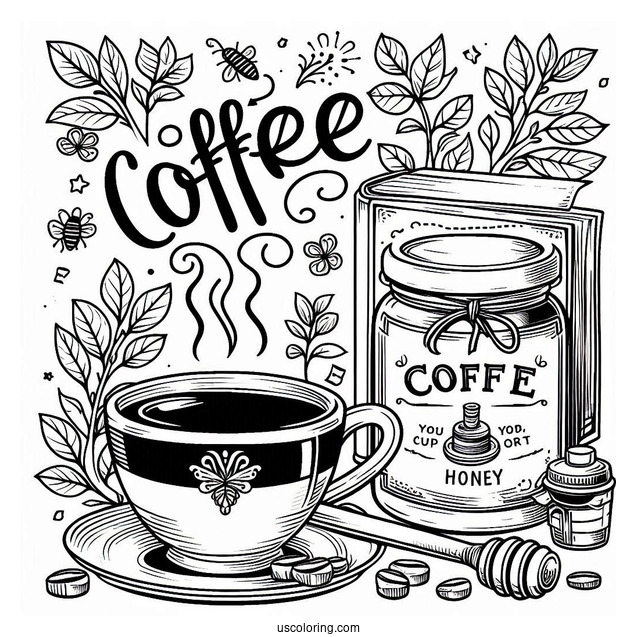 Coffee Coloring Pages Of Cup Next To Honey Jar, Signage, And Open Book