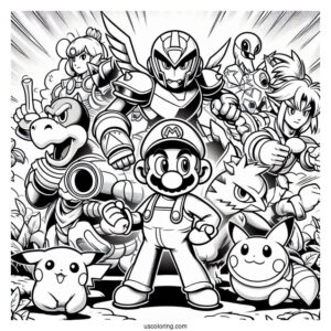 Super Smash Bros Coloring Page Of Mega Man, Dark Bowser, Zelda, Mario, Kid Icarus .Star Fox, Kirby, Donkey Kong, And Pikachu