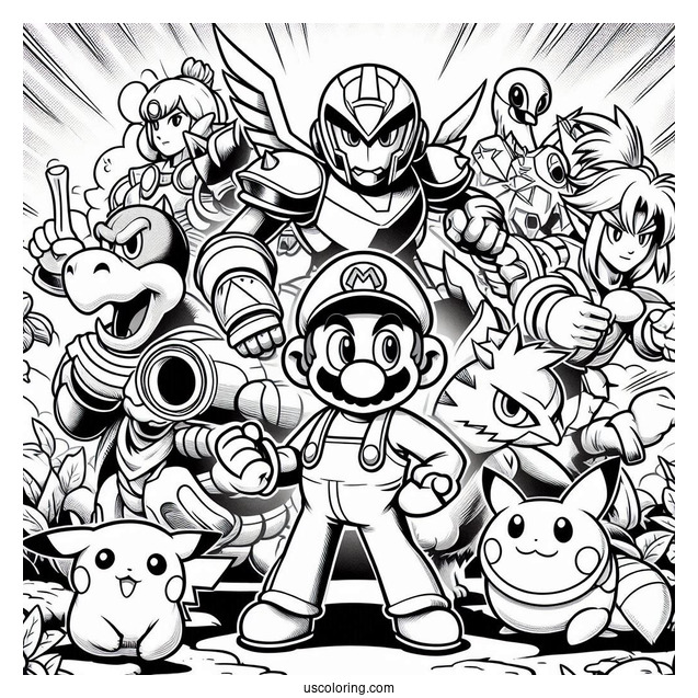 Super Smash Bros Coloring Page Of Mega Man, Dark Bowser, Zelda, Mario, Kid Icarus .Star Fox, Kirby, Donkey Kong, And Pikachu