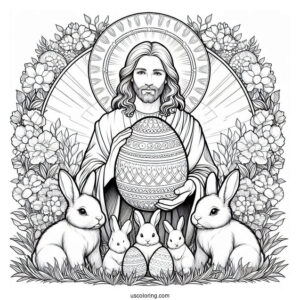 Jesus Holding An Easter Coloring Page Of Egg While Surrounded By Bunnies