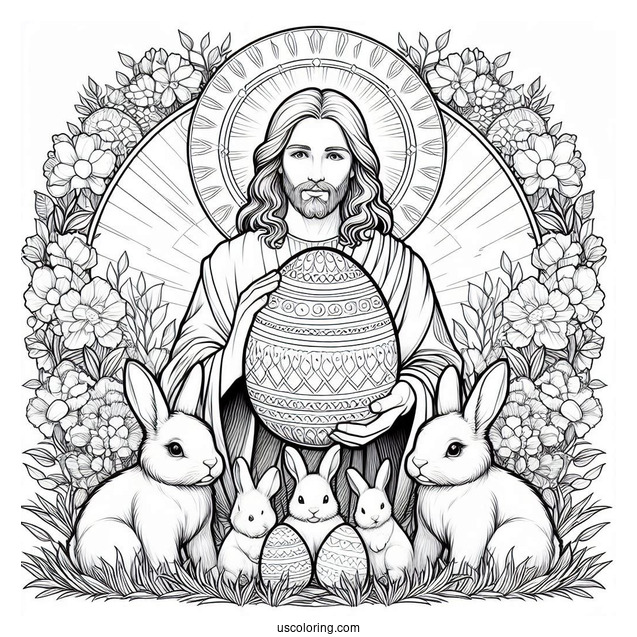 Jesus Holding An Easter Coloring Page Of Egg While Surrounded By Bunnies