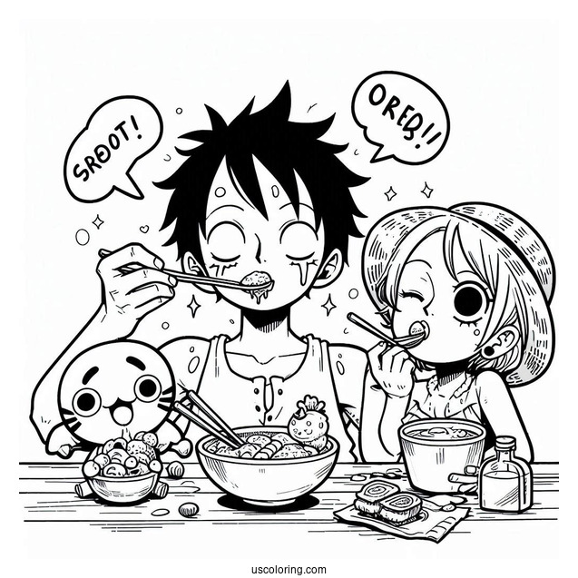 Luffy Coloring Page Eating And Drinking With Nami