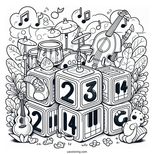 Numberblocks Coloring Page1, 2,3,4,5 Playing Musical Instruments