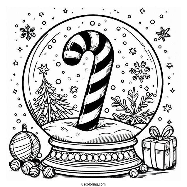 Candy Cane Coloring Page In A Snow Globe