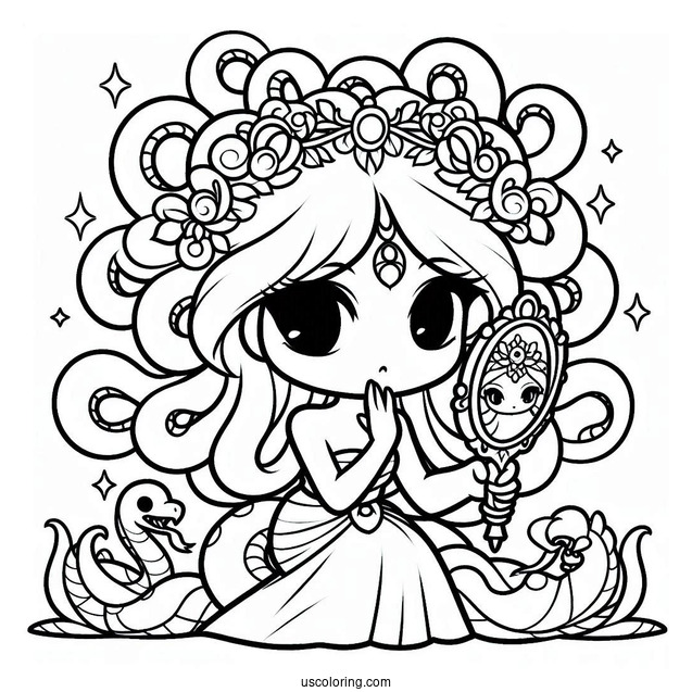 Chibi Medusa Coloring Page Holding Mirror For Kids