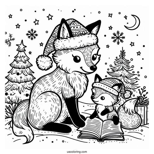 Mama Fox Coloring Page Reading To Baby Fox In Winter Christmas