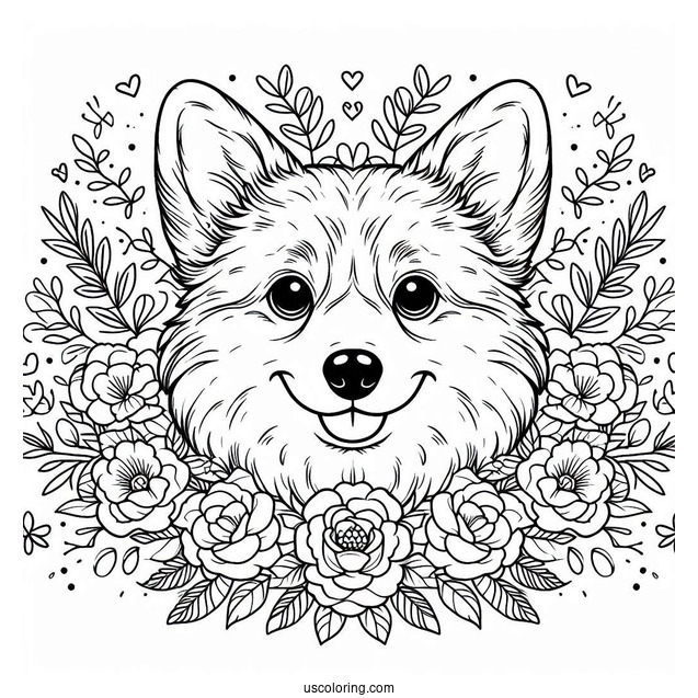 Corgi Coloring Page Face Surrounded By Flowers