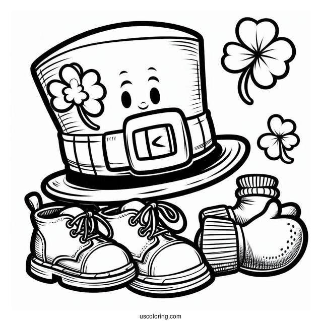 St. Patrick's Day Coloring Page Of Cartoon Leprechaun Hat With Shoes And Gloves For Kids
