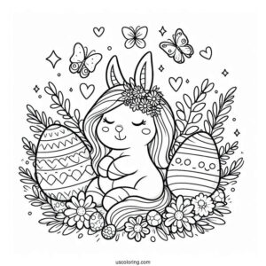 Easter Coloring Page Of Bunny With A Unicorn Surrounded By Easter Eggs