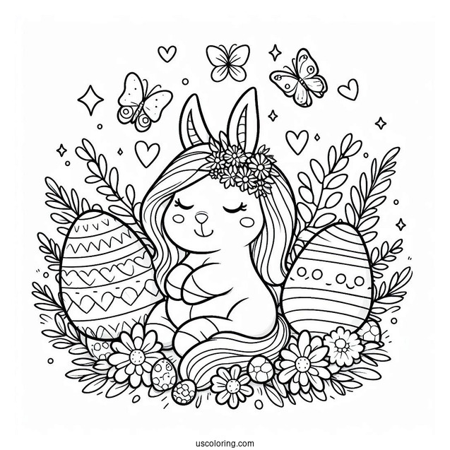 Easter Coloring Page Of Bunny With A Unicorn Surrounded By Easter Eggs