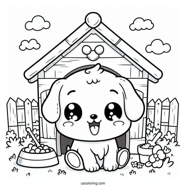 Kawaii Puppy In Dog House Coloring In For Preschoolers