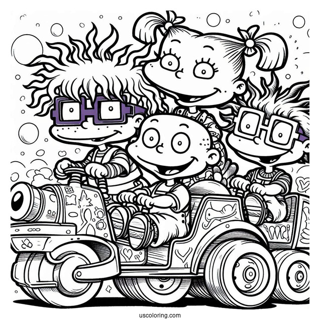 Nickelodeon Coloring Page Of Rugrats Chuckie, Angelica, Lillian And Tommy Riding Machine