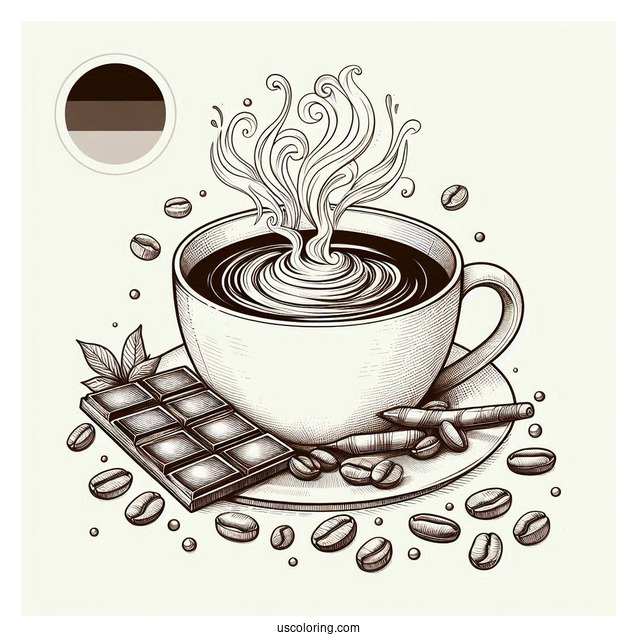 Steaming Coffee Coloring Pages Of Art With Pieces Of Chocolate