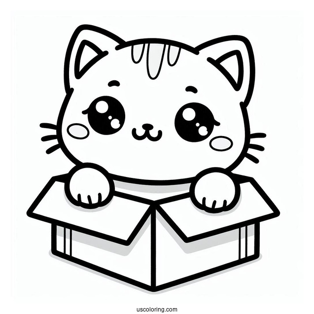 Kawaii Cat In Box Coloring In