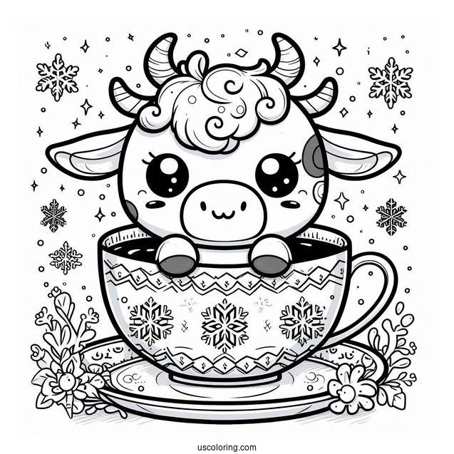 Cute Cow In A Teacup With Snowflake Design