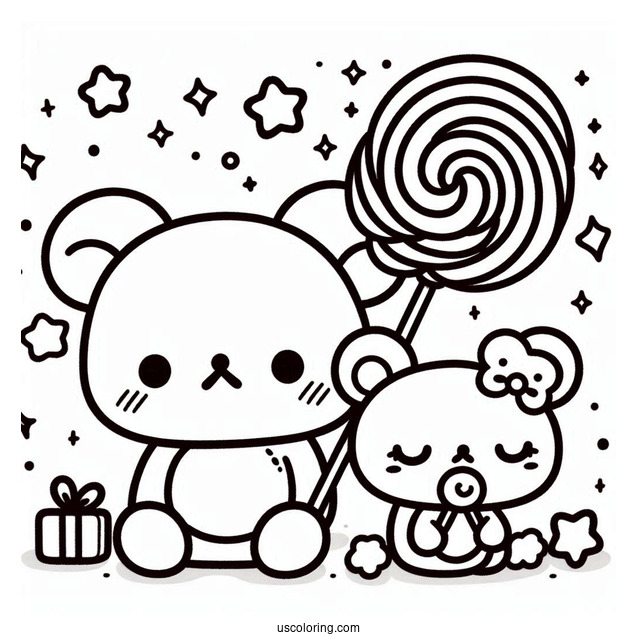 Kawaii Korilakkuma And Kiiroitori Eating Lollipop On Top Of Rilakkuma Coloring Page
