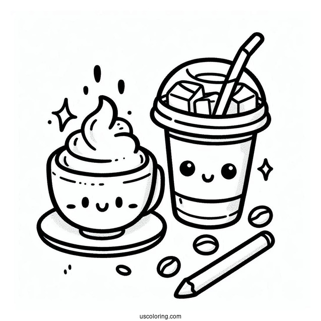 Cute Coffee Coloring Pages Of Cup Next To Cup Of Iced Beverage