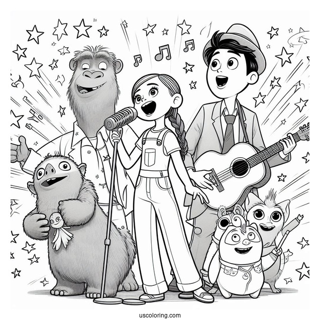 Sing Coloring Page Of Gunter, Rosita, Buster Moon, Johnny, Ash, And Meena In Sing Poster