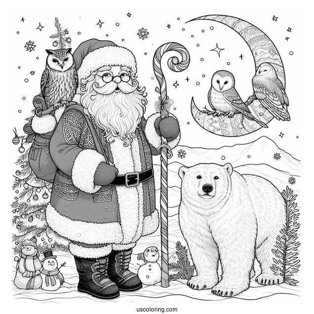 North Pole Coloring Page Of Realistic Santa Claus With An Owl And Polar Bears