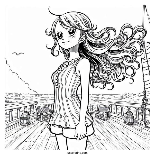One Piece Coloring Page Of Nami Standing On Deck