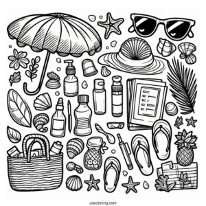 Full Page Beach Essentials Coloring Sheet