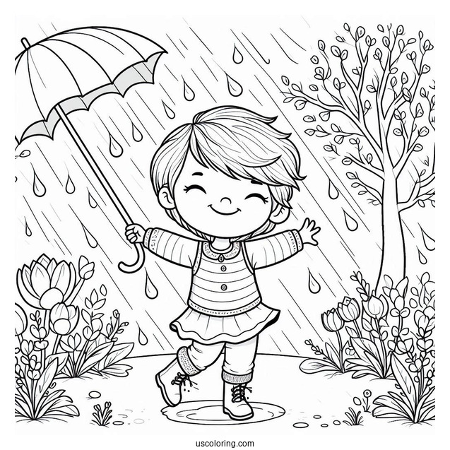 Little Boy Dancing In Spring Coloring Page Rain For Kids