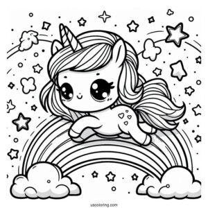 Chibi Coloring Page Unicorn Trotting Across a Rainbow with Sparkling Stars