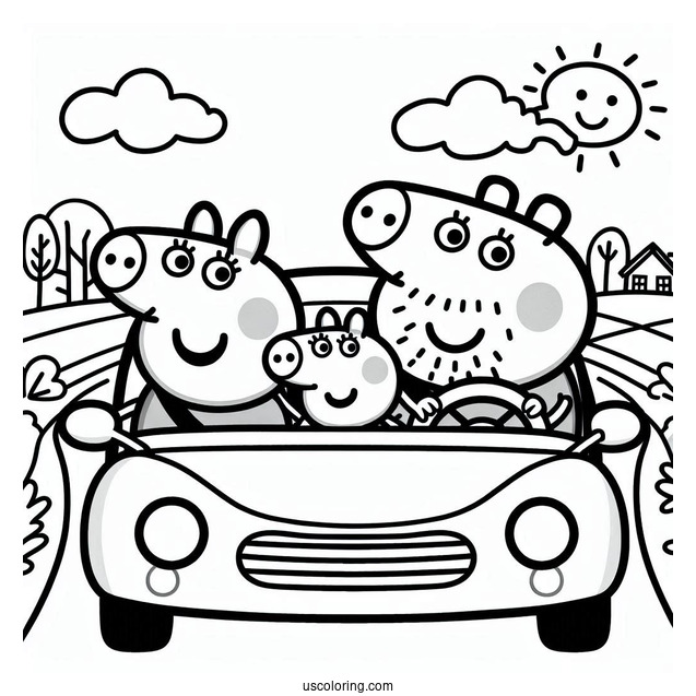 Peppa Pig Family Driving In Car Coloring Page